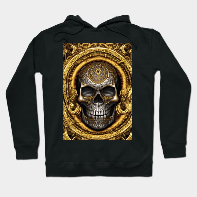 Skull With Gold Ornaments | Gold Skull Artwork | Armored Skull | Dystopian Skull Hoodie by GloomCraft